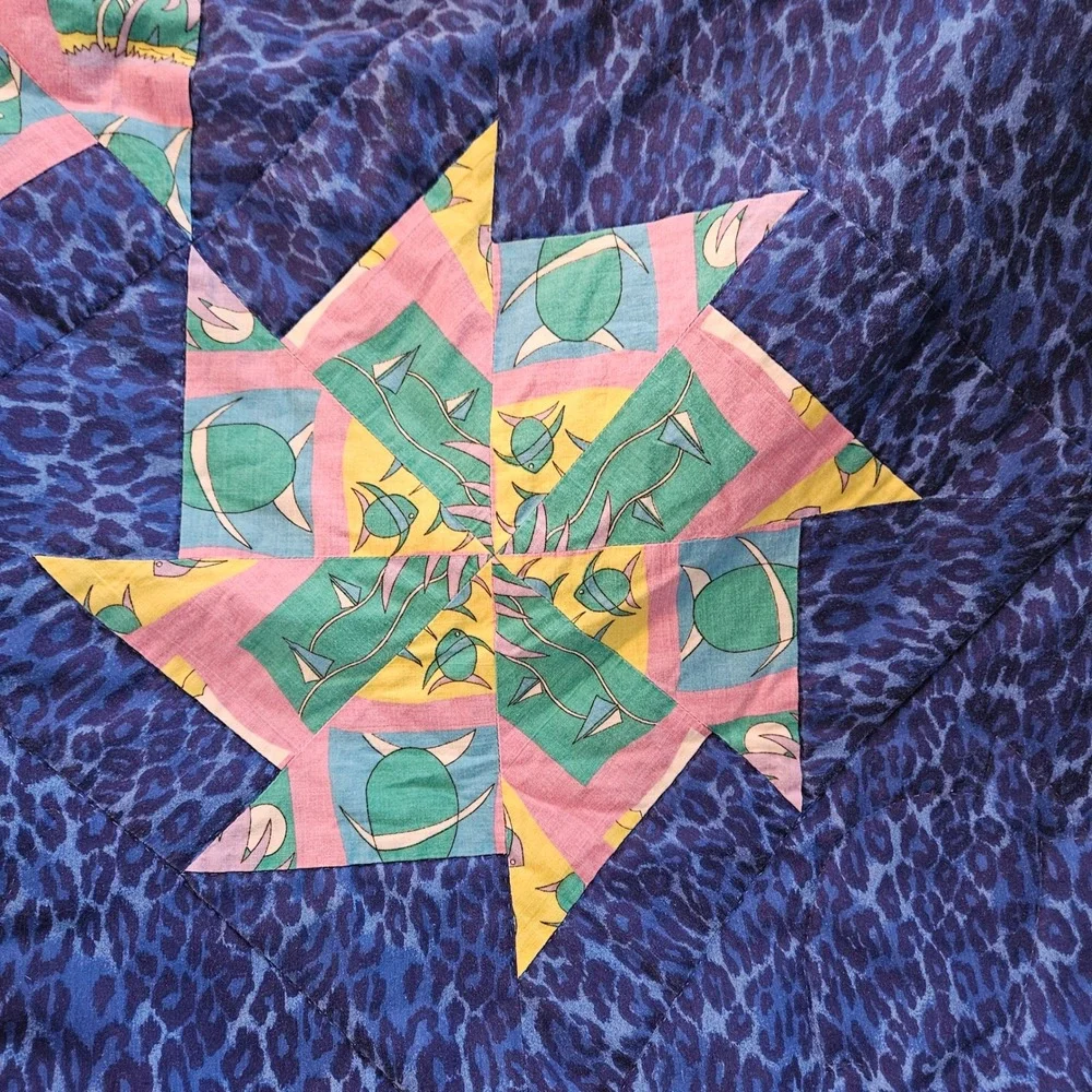 Vintage Handmade Quilt Blue Aquatic Pinwheel Star Throw Blanket 68x48 Fish Ocean